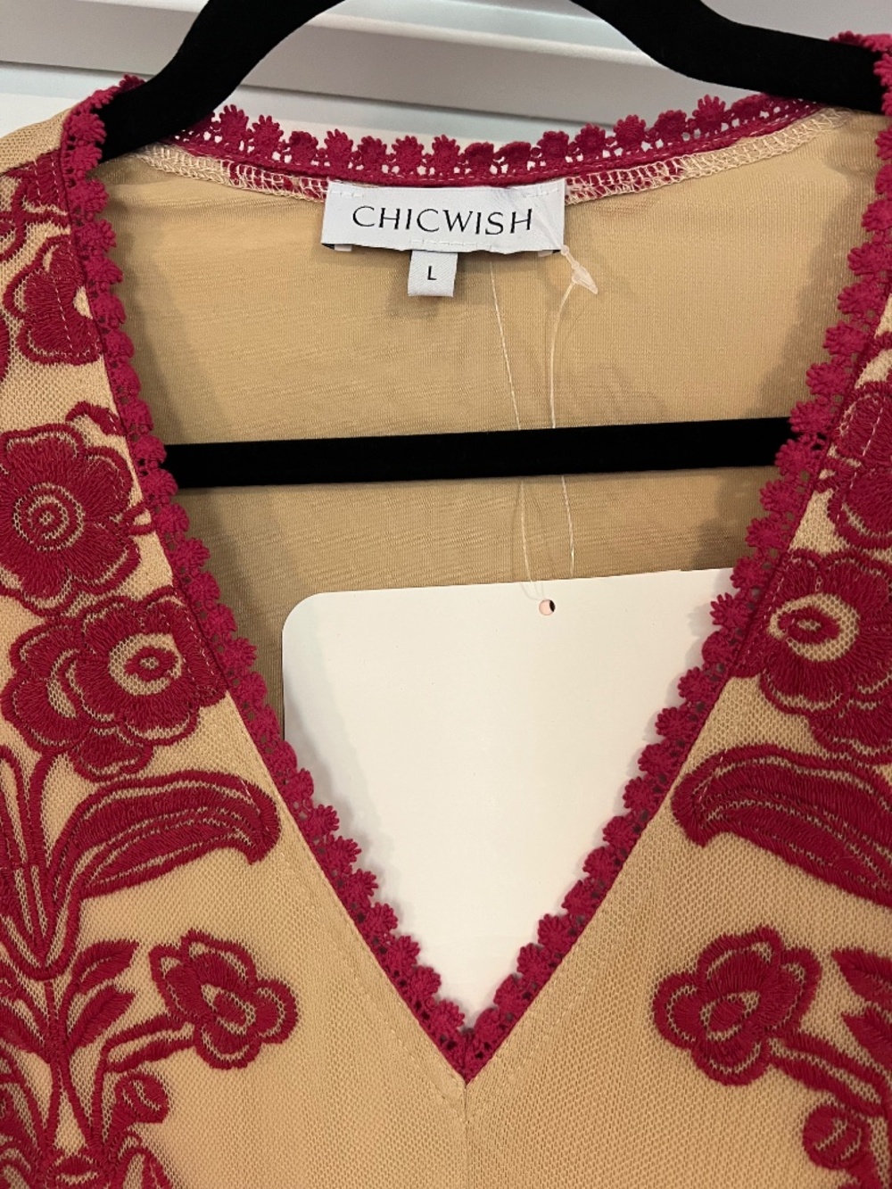 Formal burgundy and nude maxi dress with sheer sleeves. - Picture 5 of 5